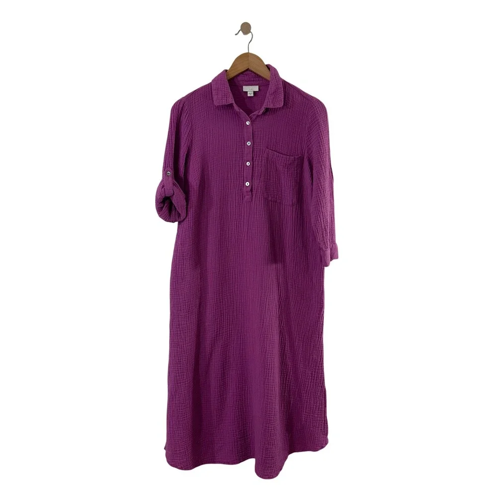 J.Jill Purple Cotton Double Gauze Midi Shirt Dress Roll Tab Sleeve Womens XS